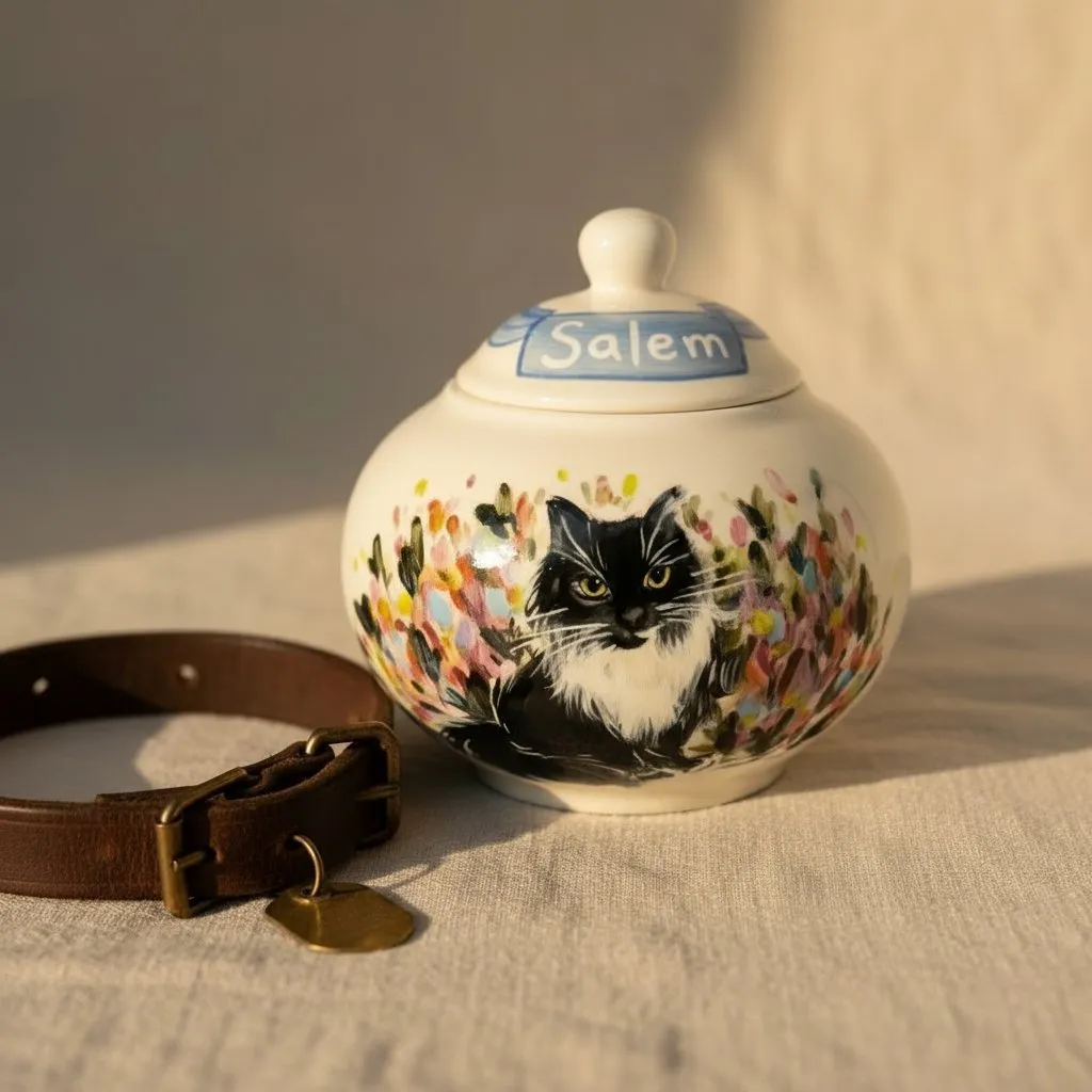 Handbemalte Porzellan-Tierurne mit Katzenporträt – individuelle Bemalung nach Foto